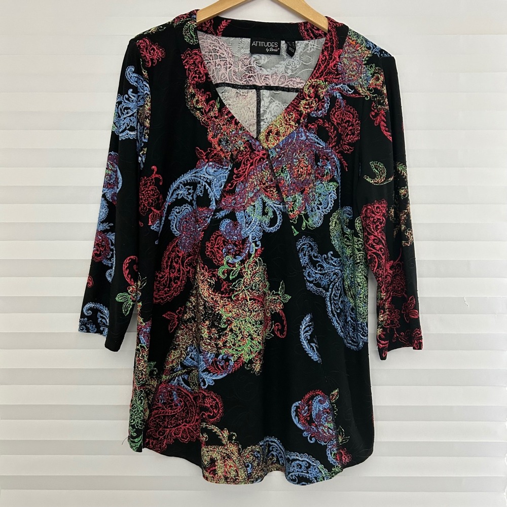 Attitudes by Renee Womens Paisley V-Neck Tunic Top Black Multi 3/4 Sleeve Size M